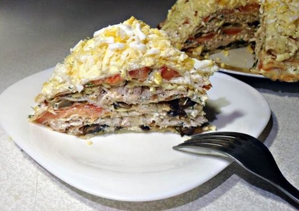 Как приготовить блинный торт с начинкой из курицы, грибов и сыра - пошаговый фото-рецепт